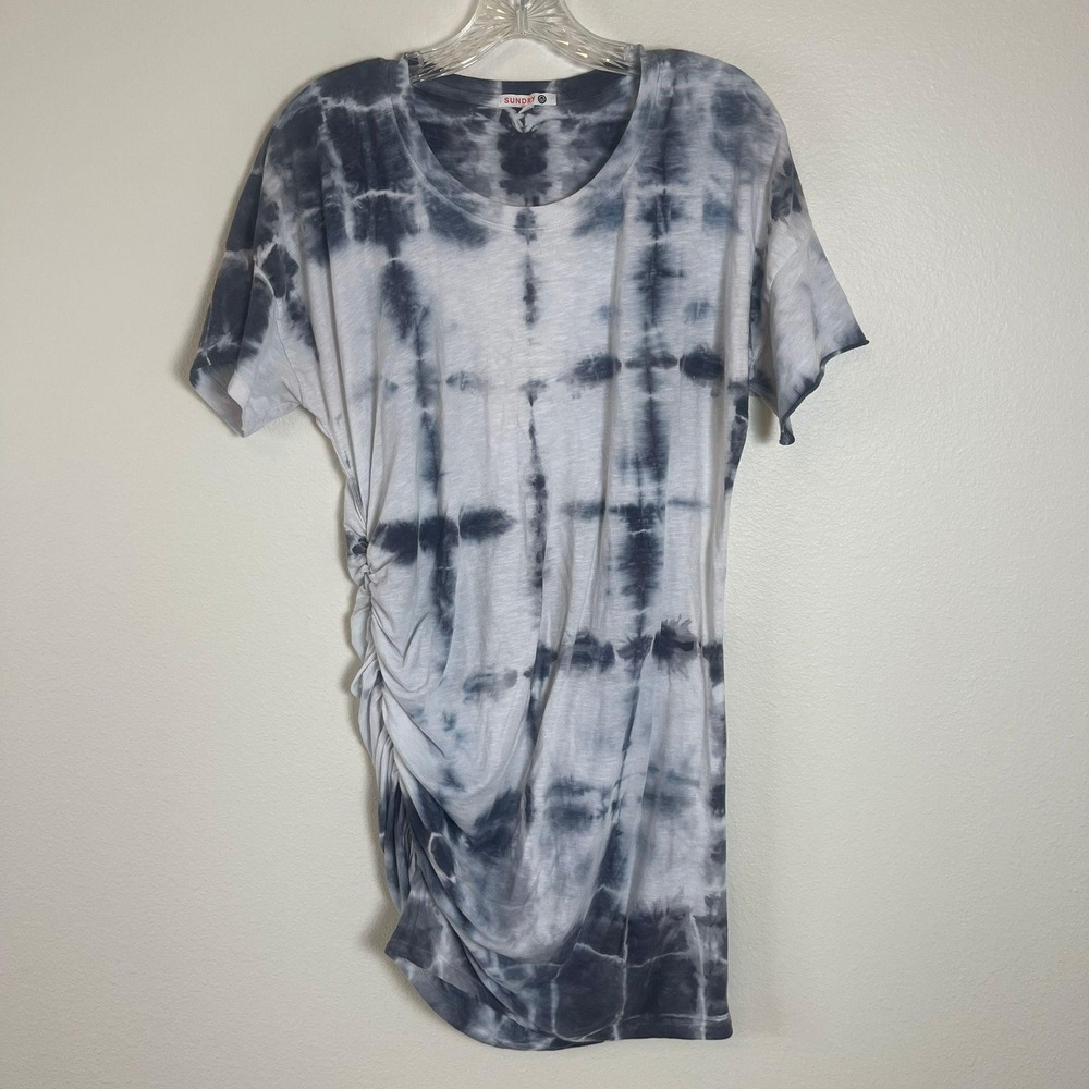 SUNDRY Tie Dye Ruched Side T Shirt Dress Gray White Made in USA 2 Anthropologie